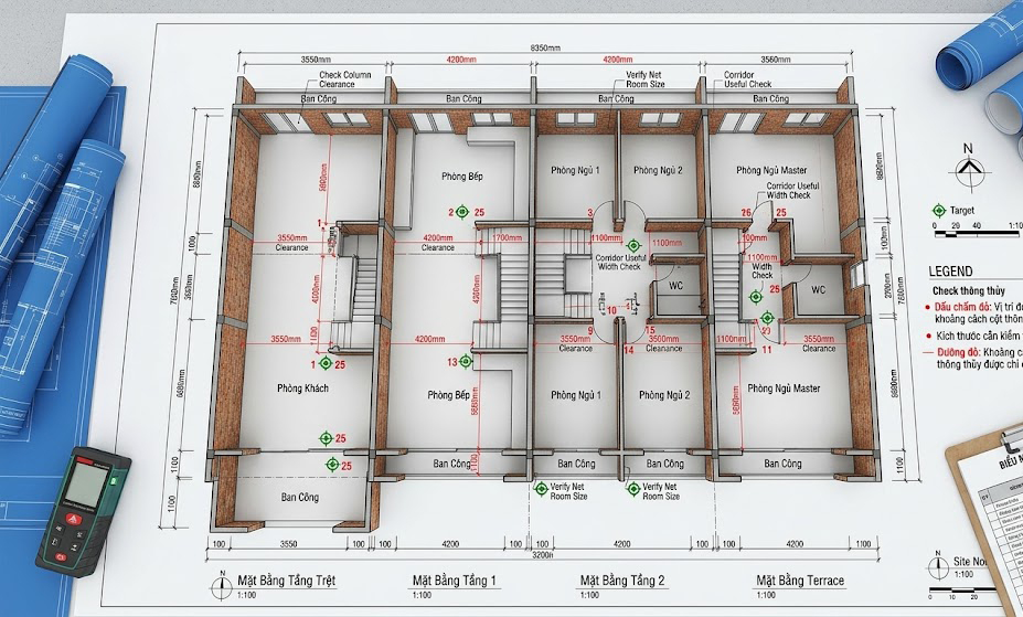 Bản vẽ mặt bằng kiến trúc nhà liền kề dự án khu đô thị có đánh dấu các vị trí đo kích thước thông thủy cần kiểm tra trước khi nhận bàn giao nhà thô