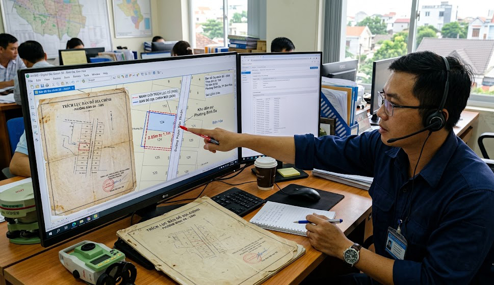 Kỹ sư địa chính đang phân tích bản đồ trích lục cũ và bản đồ địa chính số mới trên màn hình máy tính, chỉ ra sự sai lệch ranh giới thửa đất tại khu dân cư phường Bình Đa Biên Hòa
