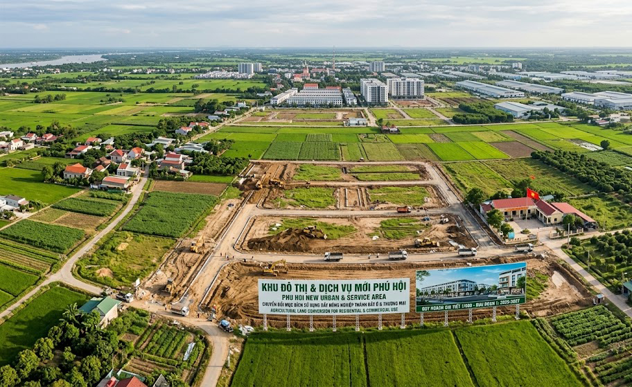Toàn cảnh khu vực xã Phú Hội huyện Nhơn Trạch Đồng Nai nhìn từ trên cao, thể hiện các lô đất nông nghiệp đang chuyển đổi mục đích sử dụng năm 2026