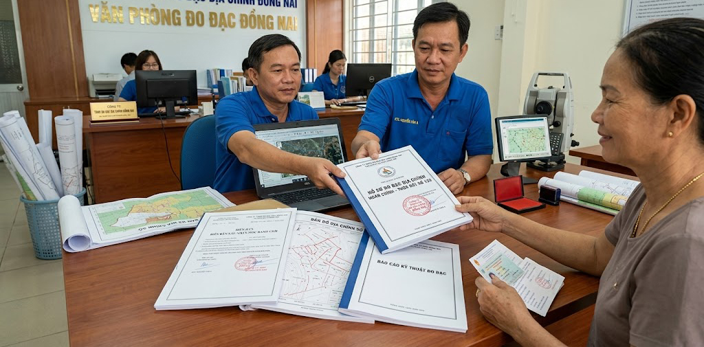 Bộ hồ sơ đo đạc địa chính hoàn chỉnh gồm bản đồ địa chính số, biên bản xác nhận mốc ranh giới và báo cáo kỹ thuật được đóng dấu đang được bàn giao cho chủ đất tại văn phòng Đo Đạc Đồng Nai