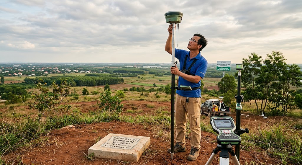 Kỹ sư trắc địa đang dựng cột ăng-ten máy thu GPS RTK tại điểm khống chế mặt bằng trên đỉnh đồi thấp tại khu vực Giang Điền, huyện Trảng Bom, Đồng Nai
