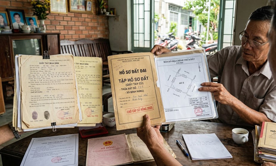 Tập hồ sơ đất giấy tay cũ kèm bản đồ địa chính thửa đất tại một hộ dân ở huyện Bình Chánh TP.HCM đang chờ làm thủ tục cấp sổ hồng năm 2025