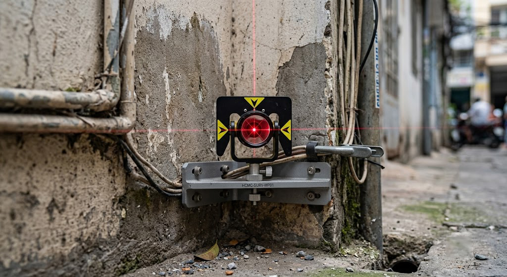 Cận cảnh gương phản xạ mini (mini prism) được gắn trên thanh chống góc, đặt sát chân tường giao nhau tại góc hẻm hẹp khu nội thành Quận 1 TP.HCM, dây laser đỏ từ máy toàn đạc điện tử chiếu thẳng vào gương