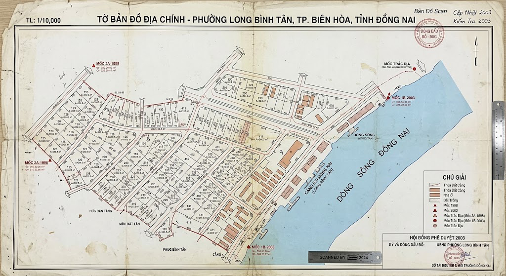 Tờ bản đồ địa chính giấy cũ khu vực phường Long Bình Tân thành phố Biên Hòa Đồng Nai được scan lại, thể hiện các thửa đất ven cảng ICD với mốc đo đạc thời kỳ 1998–2003
