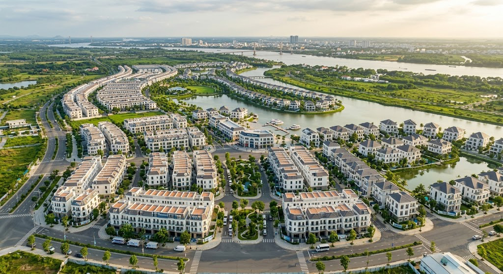 Toàn cảnh khu đô thị Aqua City tại xã Long Hưng thành phố Biên Hòa Đồng Nai nhìn từ trên cao với các dãy nhà liền kề và biệt thự đang trong giai đoạn bàn giao thô năm 2026