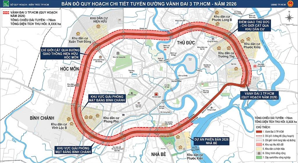 Bản đồ quy hoạch tuyến đường Vành Đai 3 TP.HCM thể hiện chỉ giới đường đỏ cắt qua các khu dân cư tại Thủ Đức, Bình Chánh, Hóc Môn và Nhà Bè năm 2026