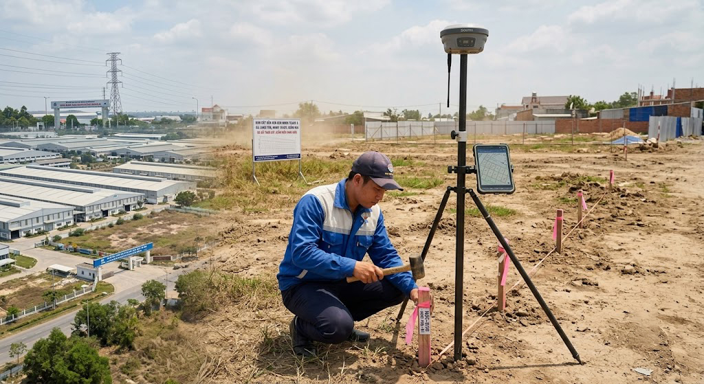 Kỹ sư trắc địa cắm mốc ranh giới thửa đất tại khu vực đất nền ven KCN Nhơn Trạch 5, xã Long Thọ, huyện Nhơn Trạch, Đồng Nai, sử dụng máy GNSS RTK hai tần số