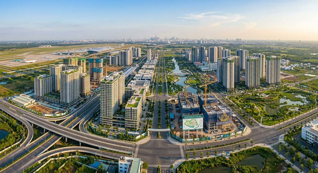 Toàn cảnh khu đô thị mới đang xây dựng tại huyện Long Thành Đồng Nai năm 2026 trong bối cảnh tỉnh chuẩn bị lộ trình lên thành phố trực thuộc Trung ương