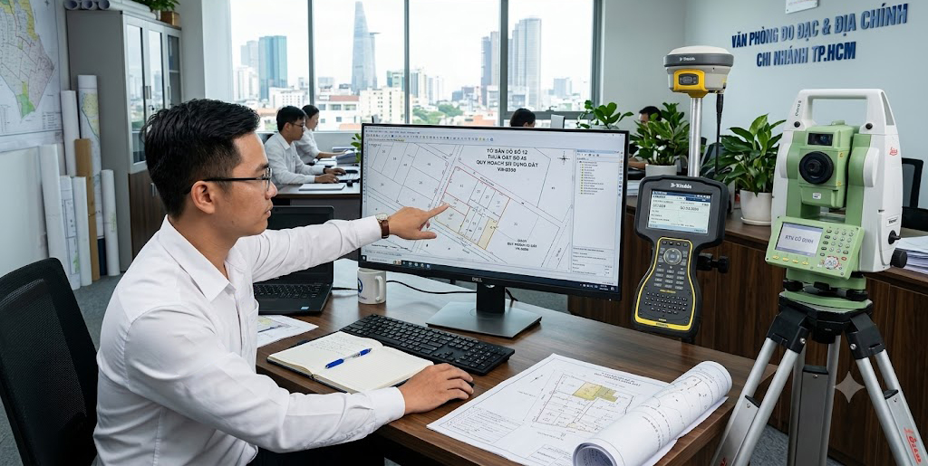 Văn phòng làm việc chuyên nghiệp của đơn vị đo đạc địa chính tại TP.HCM, kỹ sư đang kiểm tra bản đồ địa chính số trên màn hình máy tính lớn, bên cạnh là các thiết bị GPS RTK và máy toàn đạc