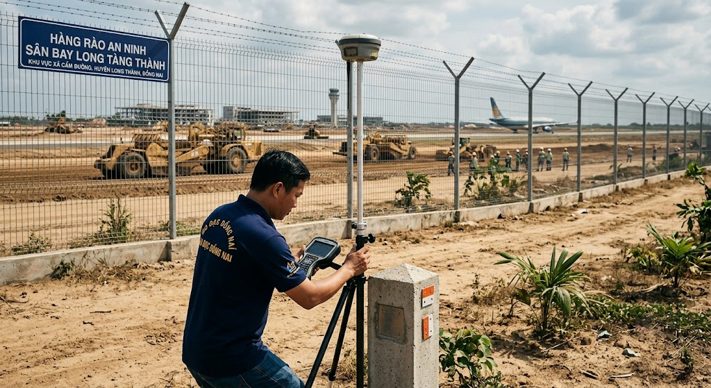 Kỹ sư trắc địa Đo Đạc Đồng Nai đang đặt máy định vị GPS RTK tại một thửa đất sát hàng rào sân bay Long Thành khu vực xã Cẩm Đường, huyện Long Thành, Đồng Nai, xác định tọa độ mốc ranh giới