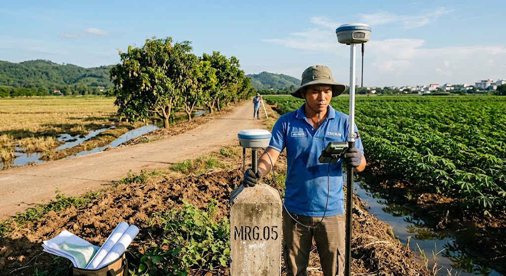 Kỹ sư trắc địa đang cầm máy GNSS RTK 2 tần số thực hiện đo tọa độ mốc ranh giới thửa đất nông nghiệp tại vùng giáp ranh Trảng Bom – Thống Nhất, Đồng Nai