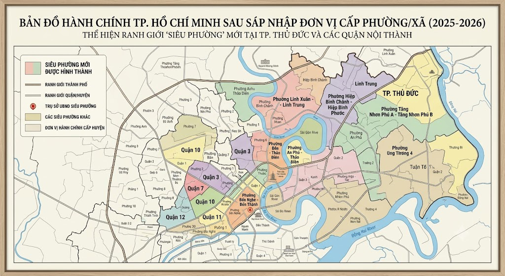 Bản đồ hành chính TP.HCM sau sáp nhập các đơn vị phường xã năm 2025-2026, thể hiện ranh giới các siêu phường mới tại TP. Thủ Đức và các quận nội thành