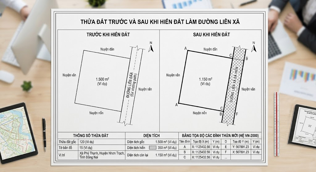 Bản vẽ kỹ thuật số thể hiện thửa đất trước và sau khi hiến đất làm đường liên xã, với các thông số diện tích gốc, diện tích hiến, diện tích còn lại và tọa độ các đỉnh thửa mới theo hệ VN-2000 được in trên giấy A3