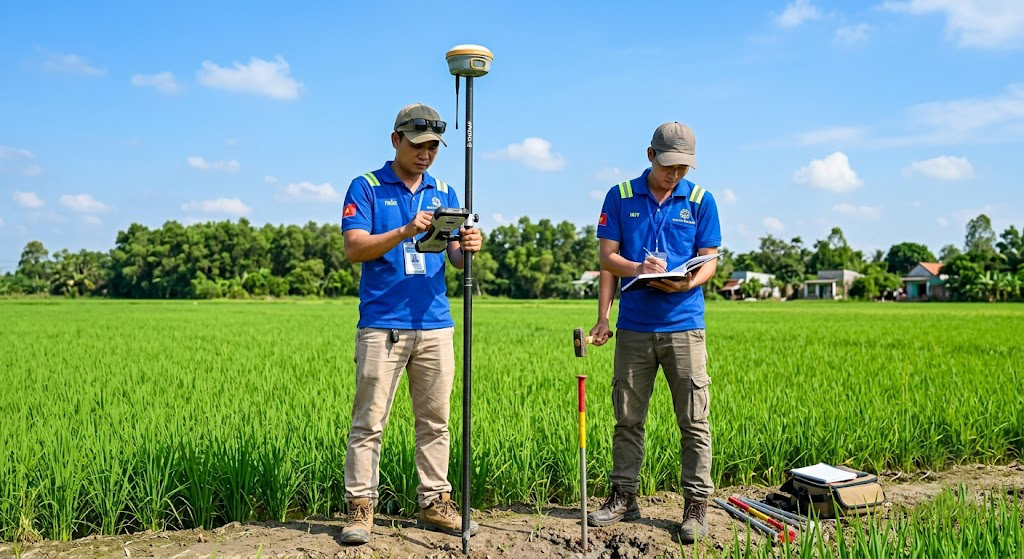 Đội ngũ hai kỹ sư trắc địa của Đo Đạc TP Hồ Chí Minh đang làm việc ngoài cánh đồng tại huyện Củ Chi TP.HCM — một người thao tác máy GNSS RTK, một người ghi chép số liệu và đánh dấu điểm góc thửa bằng cọc sắt, nền trời xanh và ruộng lúa phía sau