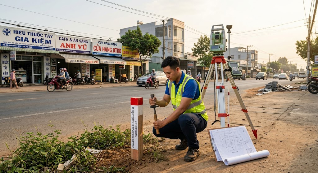 Kỹ sư trắc địa đang cắm cọc mốc ranh giới thửa đất mặt tiền kinh doanh trên Quốc lộ 20 đoạn qua thị trấn Gia Kiệm, huyện Thống Nhất, Đồng Nai