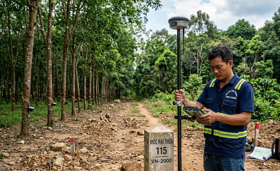 Kỹ sư trắc địa đang cầm máy GPS RTK Leica GS18 T đo mốc góc thửa đất rẫy cao su tại khu vực Hàng Gòn, thành phố Long Khánh, Đồng Nai, nền rừng phòng hộ phía sau