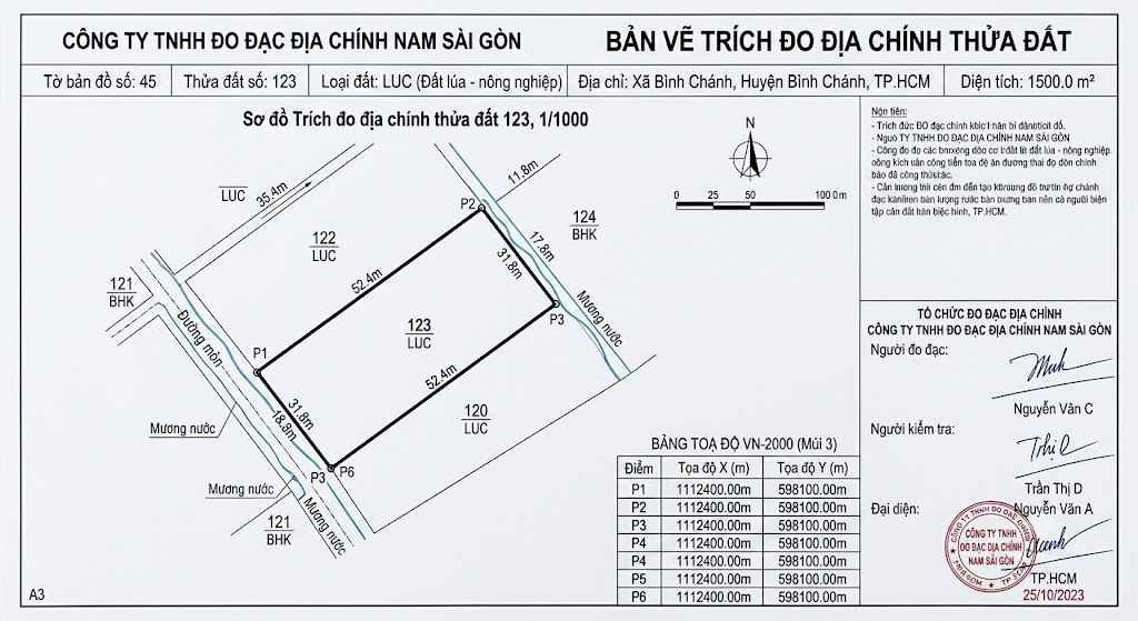 Bản vẽ trích đo địa chính thửa đất nông nghiệp tại huyện Bình Chánh TP.HCM được in trên khổ A3 — thể hiện rõ số thửa, số tờ bản đồ, diện tích, tọa độ VN-2000, ký tên đóng dấu tổ chức đo đạc