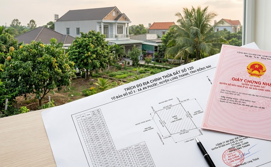 Giấy chứng nhận quyền sử dụng đất sổ đỏ mới cấp tại tỉnh Đồng Nai đặt trên bản vẽ trích đo địa chính có đóng dấu của đơn vị đo đạc, nền phông là cảnh quan nhà ở nông thôn Long Thành Đồng Nai