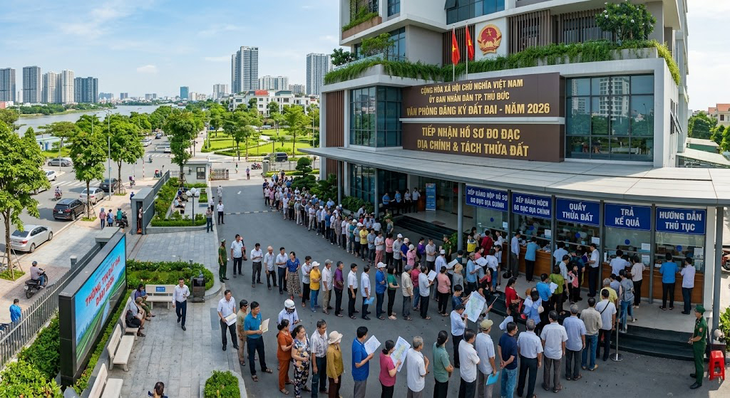 Toàn cảnh trụ sở Văn phòng Đăng ký Đất đai TP. Thủ Đức năm 2026, người dân xếp hàng nộp hồ sơ đo đạc địa chính và tách thửa đất