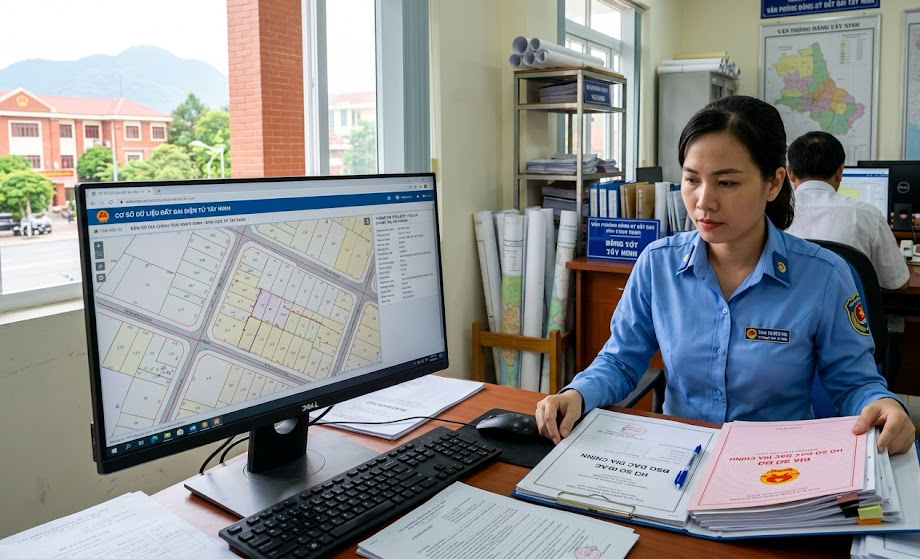Cán bộ Văn phòng Đăng ký đất đai tỉnh Tây Ninh kiểm tra hồ sơ đo đạc địa chính trên phần mềm cơ sở dữ liệu đất đai số tại bàn làm việc