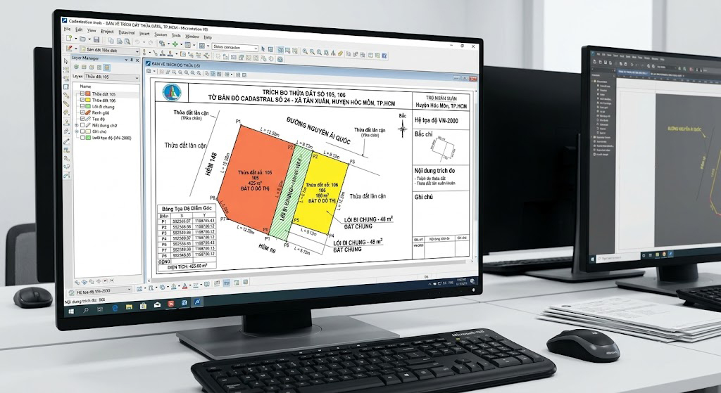 Màn hình phần mềm xử lý số liệu đo đạc địa chính (Microstation/GIS) thể hiện bản vẽ trích đo thửa đất tại huyện Hóc Môn TP.HCM với đầy đủ tọa độ điểm góc, chiều dài cạnh, diện tích và lối đi chung được tô màu phân biệt