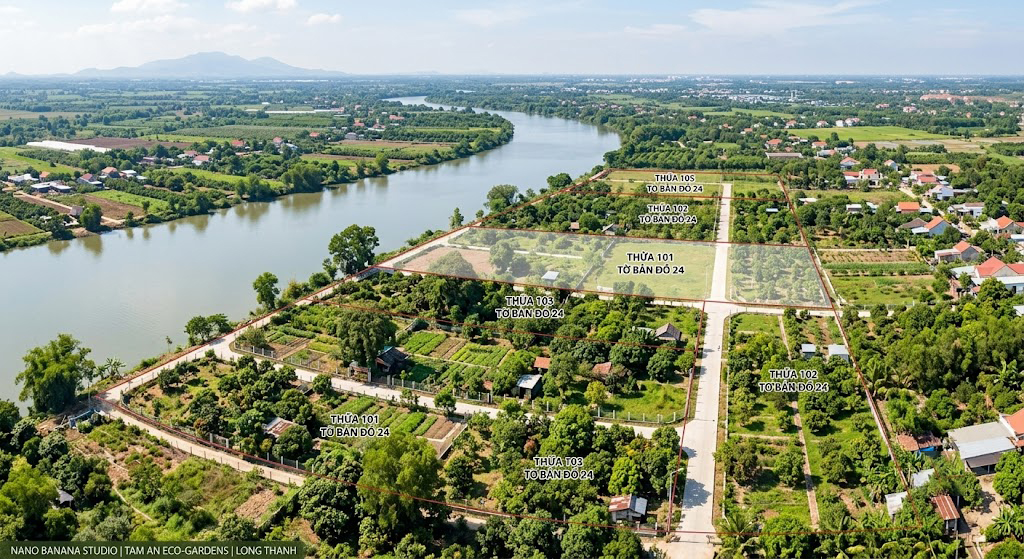 Toàn cảnh đất vườn sinh thái ven sông Tam An – Long Thành, Đồng Nai nhìn từ flycam UAV độ cao 80m, thể hiện đường bờ sông, vườn cây và ranh thửa đất thực tế