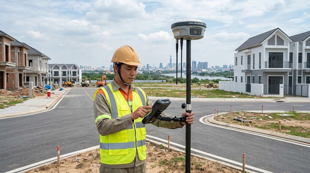 Kỹ sư trắc địa sử dụng máy định vị vệ tinh GNSS RTK hai tần số đo đạc ranh thửa đất tại một khu dân cư mới thuộc TP. Thủ Đức, TP.HCM năm 2026