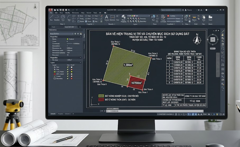 Màn hình phần mềm AutoCAD thể hiện bản vẽ hiện trạng vị trí thửa đất nông nghiệp chuyển sang đất ở tại huyện Gò Dầu, Tây Ninh – được lập bởi kỹ sư trắc địa Đo Đạc Tây Ninh với đầy đủ tọa độ góc thửa hệ VN-2000