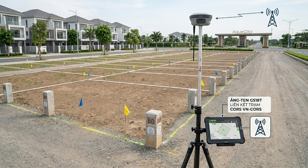 Máy định vị vệ tinh GNSS RTK 2 tần số Leica GS18T được cắm mốc đo đạc ranh giới lô đất nền phân lô tại khu đô thị Aqua City Long Hưng Biên Hòa Đồng Nai với ăng-ten liên kết trạm CORS