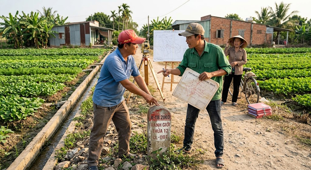 Hai anh em đang tranh luận chỉ tay về ranh giới cột mốc cũ của thửa đất nông nghiệp tại khu vực nông thôn huyện Trảng Bom Đồng Nai, thể hiện tình huống tranh chấp ranh giới thực tế