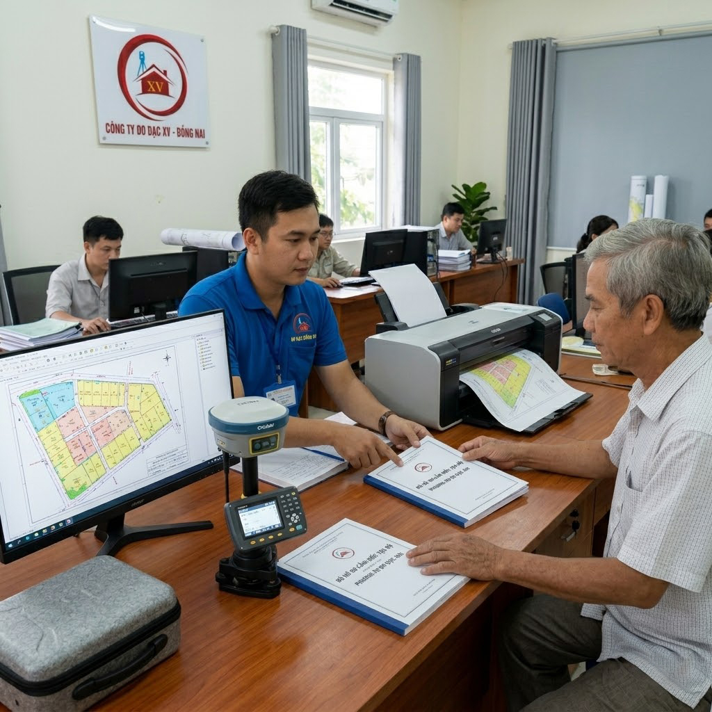 Nhân viên Đo Đạc Đồng Nai bàn giao hồ sơ bản vẽ địa chính và biên bản nghiệm thu mốc ranh giới cho chủ sử dụng đất tại văn phòng làm việc tại Biên Hòa Đồng Nai