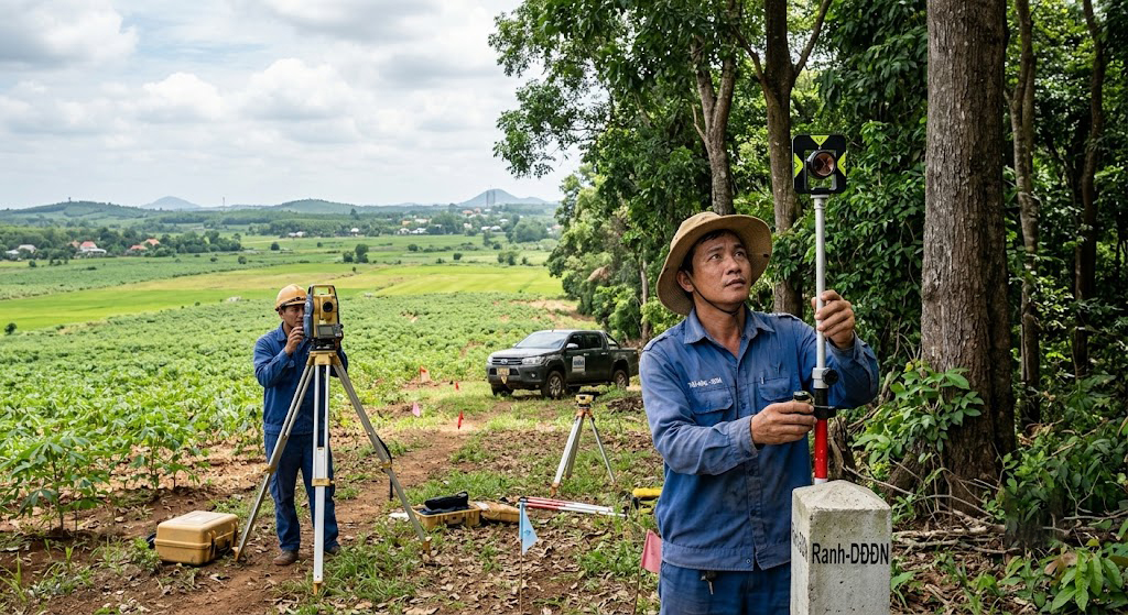 Hai kỹ sư trắc địa Đo Đạc Đồng Nai phối hợp đo đạc ranh giới thực địa tại vùng đất nông nghiệp tiếp giáp rừng phòng hộ – một người cầm gương tiêu tại mốc ranh, một người vận hành máy toàn đạc điện tử Topcon, địa bàn Long Thành, Đồng Nai
