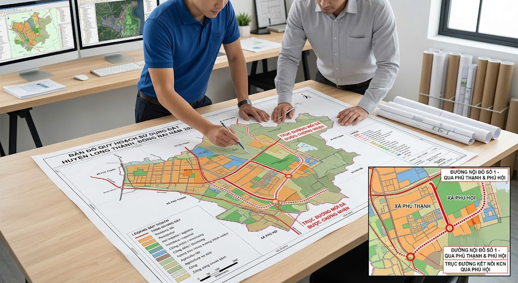 Bản đồ quy hoạch sử dụng đất huyện Long Thành Đồng Nai năm 2026 thể hiện các trục đường mới qua khu vực xã Phú Thạnh và Phú Hội