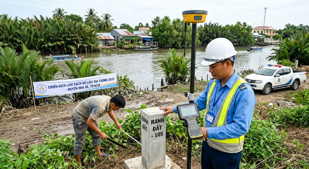 Kỹ sư đo đạc địa chính dùng máy GNSS RTK 2 tần số kết nối trạm CORS kiểm tra và phục hồi mốc ranh đất tại khu vực ven kênh rạch Nhà Bè TP.HCM trong bối cảnh chiến dịch làm sạch dữ liệu địa chính 2026