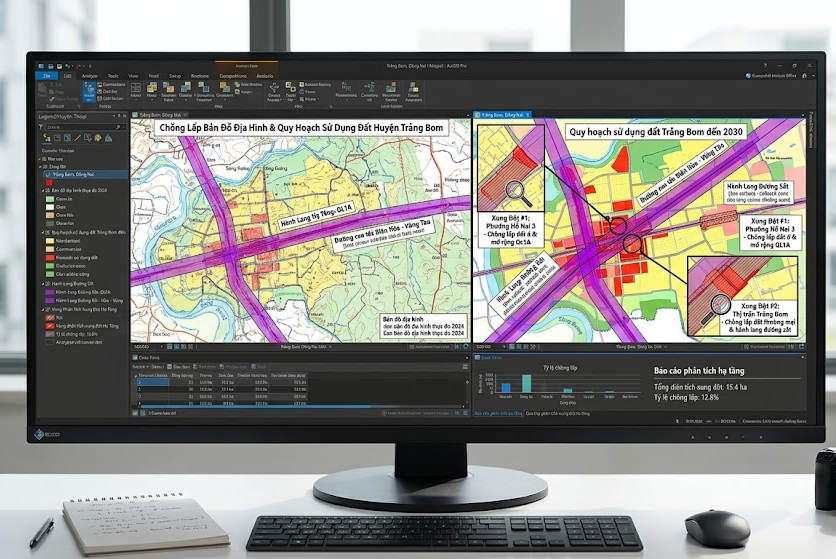 Màn hình máy tính thể hiện phần mềm GIS chồng lấp bản đồ địa hình thực đo với bản đồ quy hoạch sử dụng đất huyện Trảng Bom Đồng Nai, phân tích các vùng đất nằm trong hành lang hạ tầng