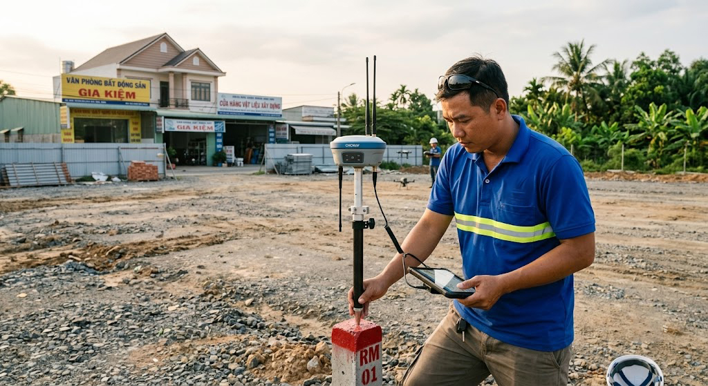 Kỹ sư trắc địa Đo Đạc Đồng Nai đang đo đạc ranh mốc ngoài thực địa tại thửa đất thương mại khu vực thị trấn Gia Kiệm, huyện Thống Nhất, tỉnh Đồng Nai, sử dụng máy GNSS RTK chuyên dụng