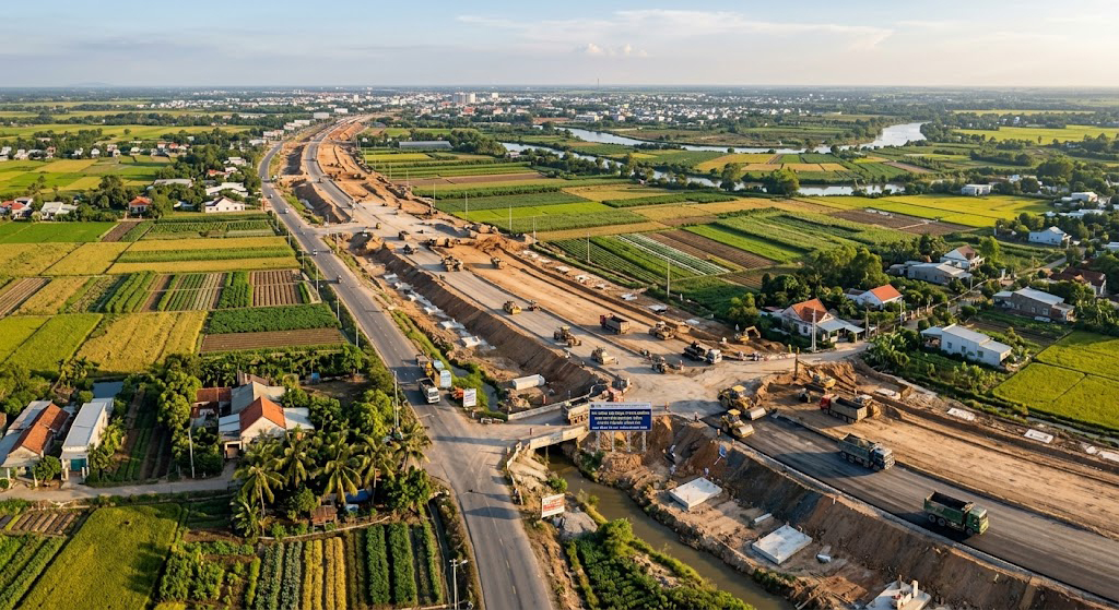 Toàn cảnh tuyến đường liên huyện Hưng Thịnh đang thi công mở rộng nền đường qua khu vực đất nông nghiệp tại huyện Thống Nhất, Đồng Nai năm 2026