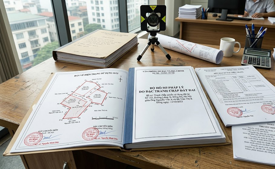 Bộ hồ sơ pháp lý đo đạc tranh chấp đất đai hoàn chỉnh gồm bản vẽ hiện trạng, biên bản đo đạc và thuyết minh kỹ thuật được đóng dấu chuyên môn, đặt trên bàn làm việc văn phòng Đo Đạc