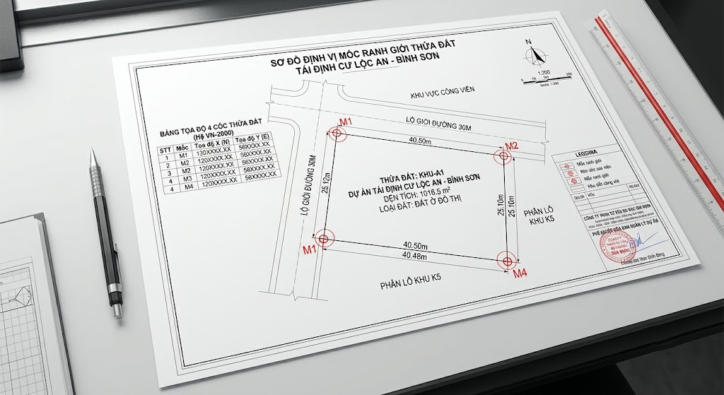 Sơ đồ định vị mốc ranh giới thửa đất tái định cư Lộc An Bình Sơn in trên bản vẽ kỹ thuật A3, thể hiện tọa độ 4 góc thửa trong hệ VN-2000 và kích thước các cạnh thực đo