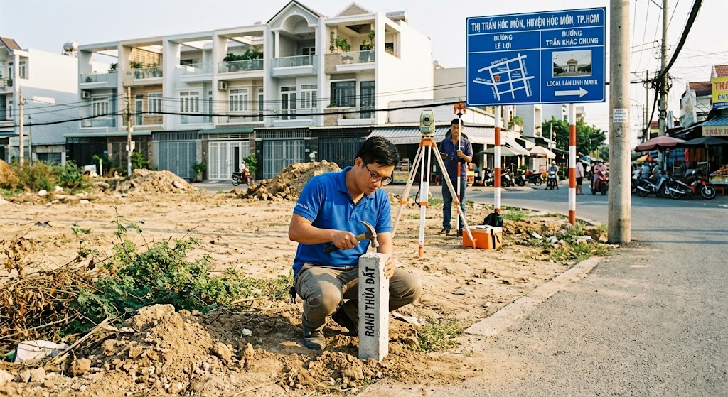 Kỹ sư trắc địa đang cắm cọc mốc ranh tại thực địa một thửa đất ven đường tại thị trấn Hóc Môn, huyện Hóc Môn, TP.HCM, phía sau là nhà phố và biển hiệu đường phố