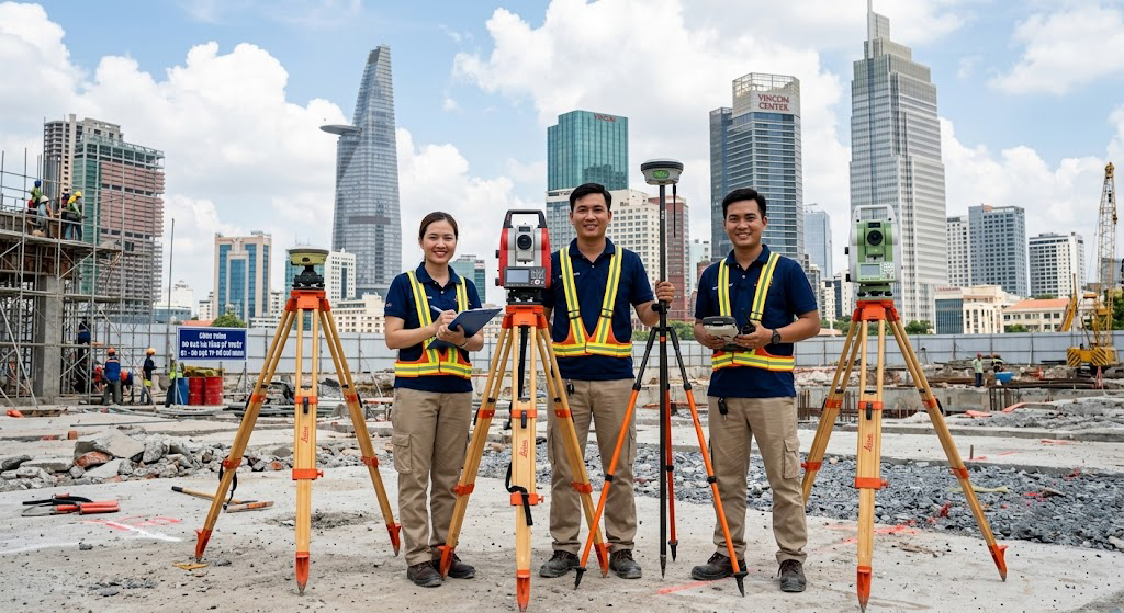 Đội kỹ sư trắc địa Đo Đạc TP Hồ Chí Minh gồm 3 người mặc áo đồng phục, đứng trước dãy thiết bị máy toàn đạc Leica và máy GPS RTK Leica GS18 dựng trên chân ba càng, chụp ảnh tại một công trình đo đạc nội thành TP.HCM
