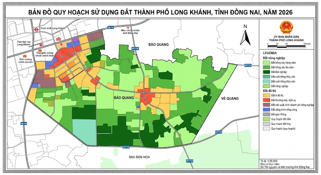 Bản đồ quy hoạch sử dụng đất thành phố Long Khánh Đồng Nai năm 2026 thể hiện vùng đất nông nghiệp và đô thị tại phường Bảo Quang