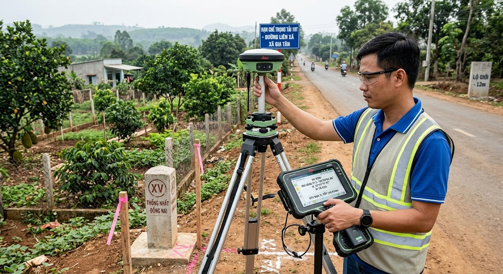Kỹ sư trắc địa sử dụng máy định vị vệ tinh GNSS RTK hai tần số Leica GS18 T đặt trên chân ba dọc mốc ranh giới thửa đất tiếp giáp lộ giới đường liên xã tại huyện Thống Nhất Đồng Nai, màn hình controller hiển thị tọa độ VN-2000