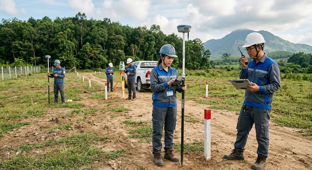 Nhóm kỹ sư trắc địa Đo Đạc Tây Ninh đang thực địa khảo sát ranh giới thửa đất lớn tiếp giáp rừng phòng hộ tại huyện Tân Châu, mặc đồng phục kỹ thuật, sử dụng máy GNSS RTK và bộ đàm liên lạc