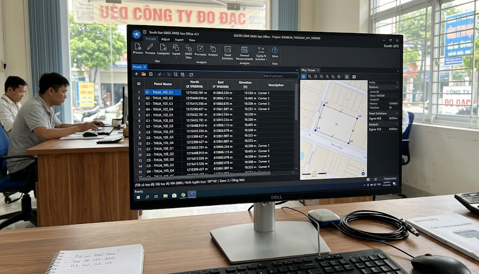 Màn hình máy tính hiển thị phần mềm xử lý số liệu trắc địa GNSS với tọa độ VN-2000 của các điểm góc thửa đất tại khu vực Biên Hòa, Đồng Nai