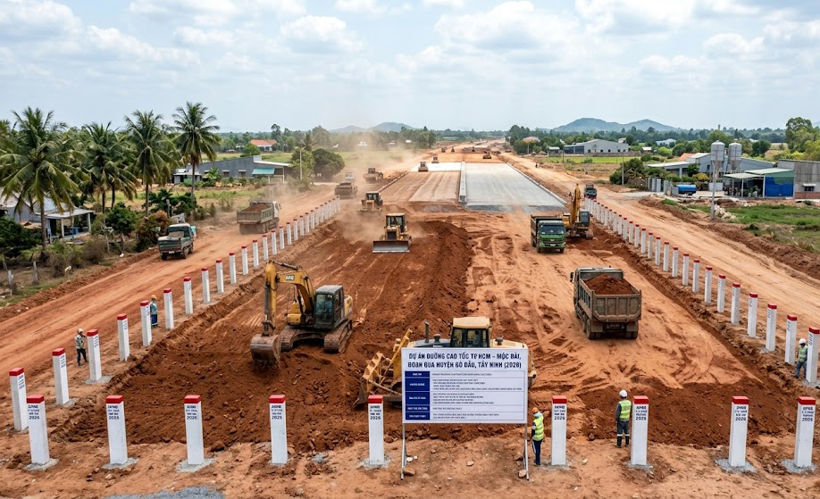 Công trường thi công nền đường cao tốc TP.HCM – Mộc Bài đoạn qua địa bàn huyện Gò Dầu, tỉnh Tây Ninh năm 2026, với các cọc mốc giải phóng mặt bằng được cắm dọc hai bên hành lang