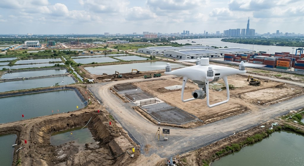 Thiết bị đo đạc drone RTK Phantom 4 RTK bay khảo sát địa hình vùng đất ao hồ nuôi trồng thủy sản tại huyện Nhơn Trạch Đồng Nai phục vụ dự án chuyển đổi thành khu logistics