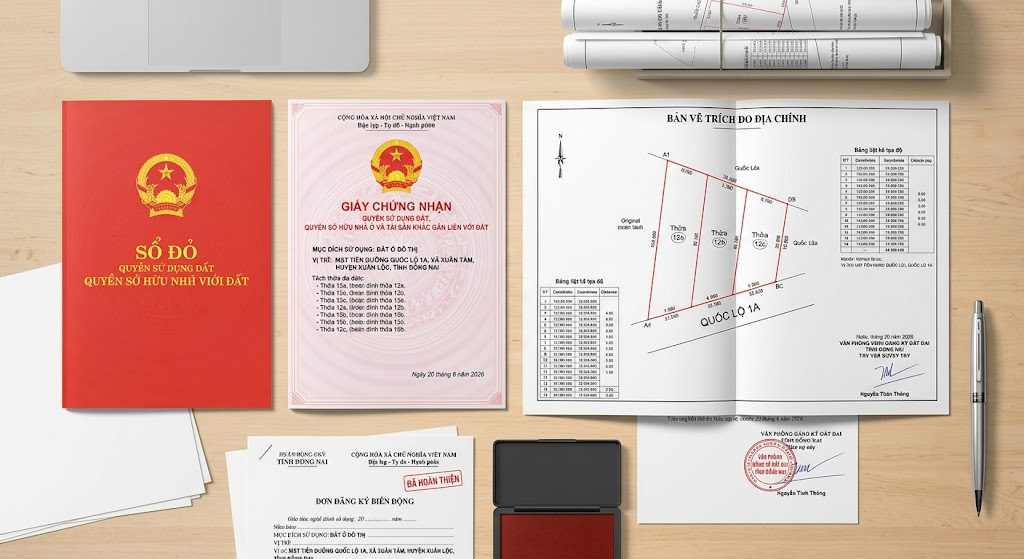 Hồ sơ tách thửa đất mặt tiền đường quốc lộ tại Xuân Lộc Đồng Nai đã hoàn thiện với bản vẽ trích đo địa chính và sổ đỏ mới cấp sau khi tách