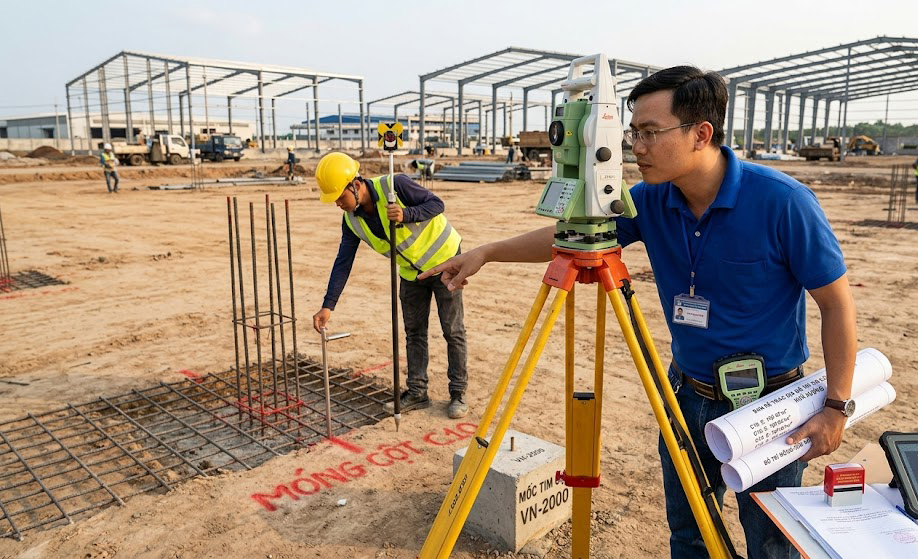 Kỹ sư trắc địa dùng máy toàn đạc điện tử Leica bố trí tim cột móng nhà xưởng trong khu công nghiệp Đồng Nai, đảm bảo chính xác từng milimet theo bản vẽ thiết kế