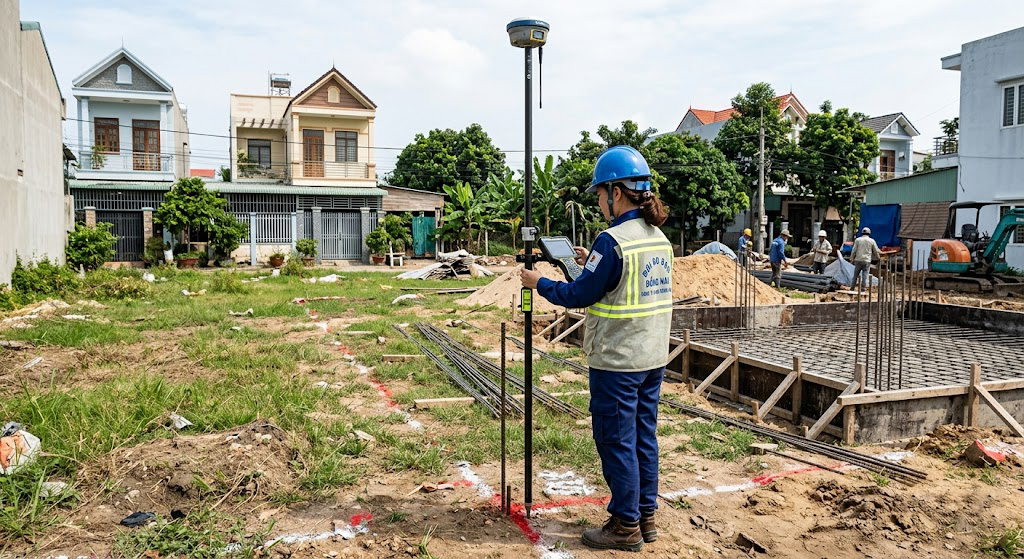 Kỹ sư trắc địa của đội đo đạc Đồng Nai đang vận hành máy định vị GPS RTK hai tần số liên kết trạm CORS tại một lô đất thổ cư ở phường Bửu Hòa Biên Hòa để xác định chính xác tọa độ bốn góc thửa đất trước khi đổ móng xây nhà
